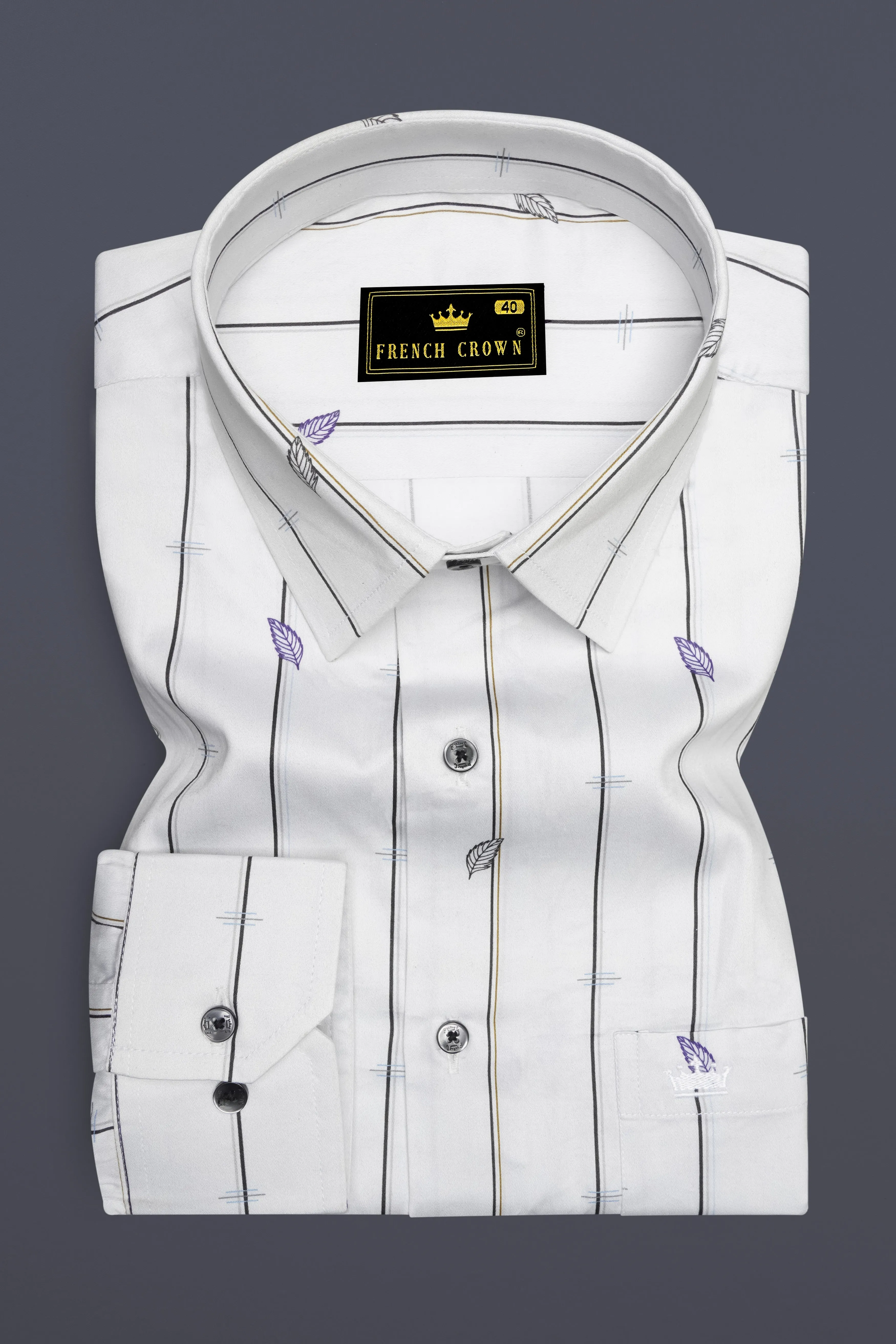 Bright White Striped with Leaves Printed Super Soft Premium Cotton Shirt sold by French Crown product image thumbnail 4