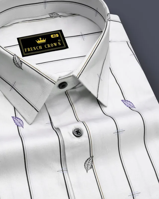 Bright White Striped with Leaves Printed Super Soft Premium Cotton Shirt sold by French Crown