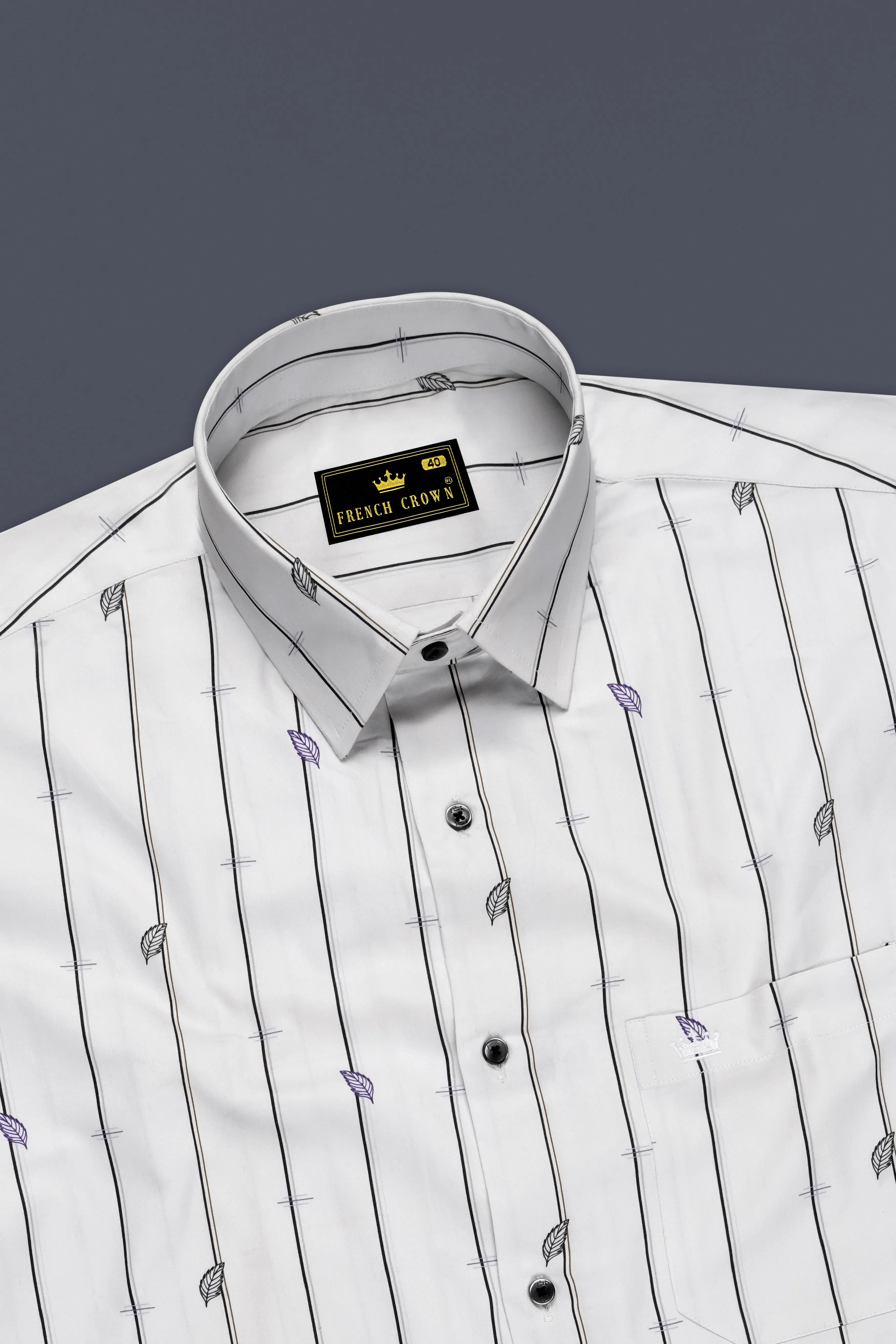 Bright White Striped with Leaves Printed Super Soft Premium Cotton Shirt sold by French Crown product image thumbnail 5