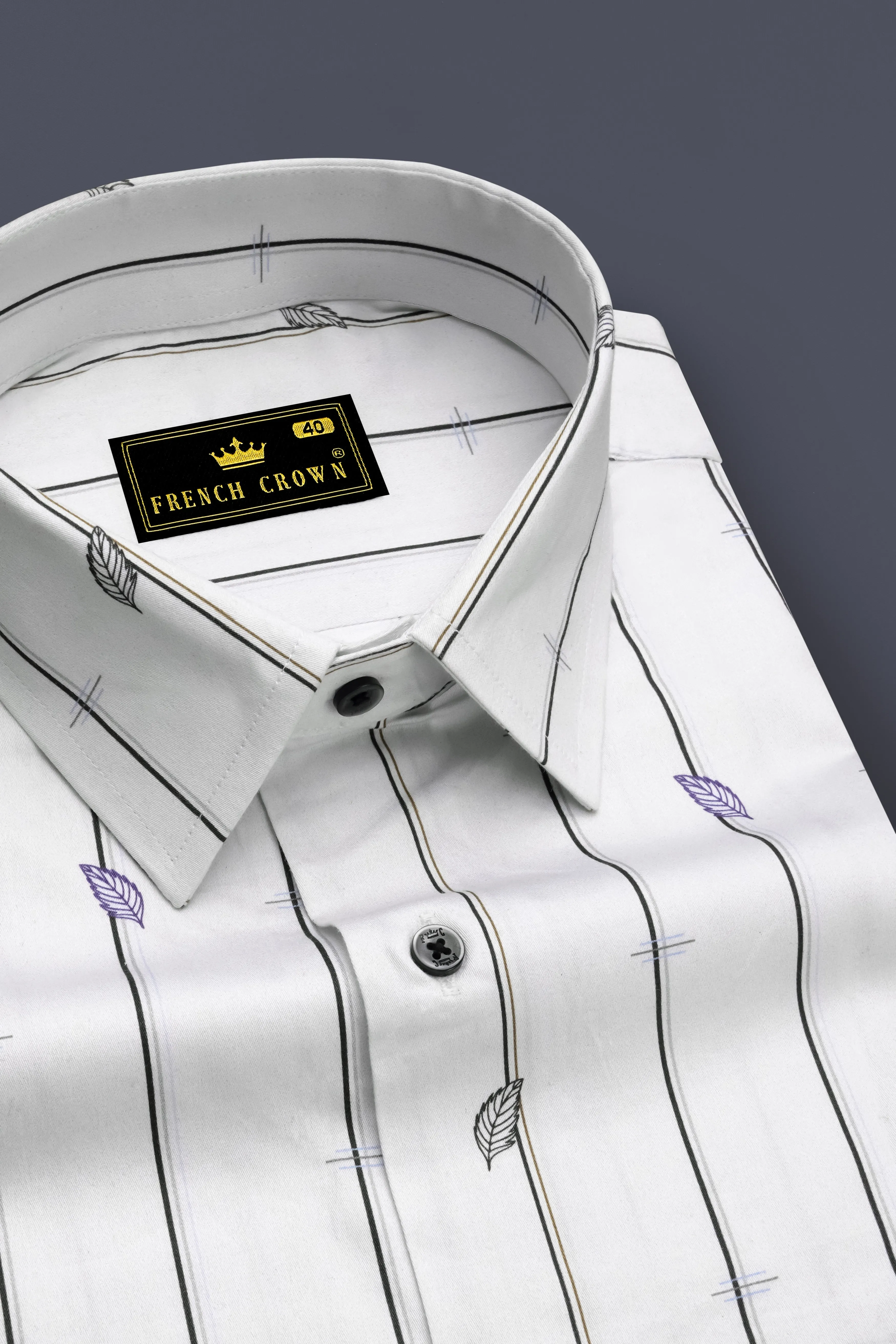 Bright White Striped with Leaves Printed Super Soft Premium Cotton Shirt sold by French Crown product image thumbnail 2