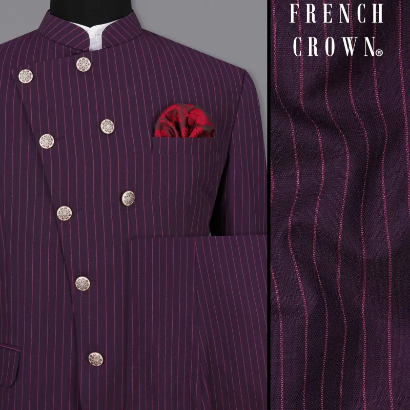 Tolopea Purple with Byzantium Pink Striped Cross Placket Bandhgala Designer Suit sold by French Crown