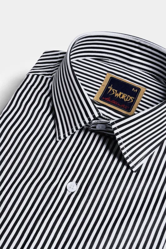 7swords-Bright White and Black Striped Premium Cotton Shirt sold by French Crown