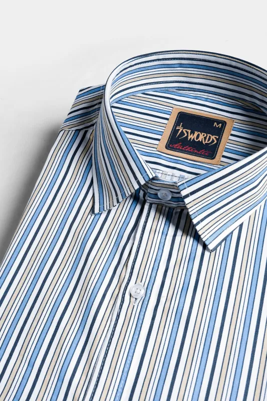 7swords-Bright White and Astral Blue Multicolor Striped Premium Cotton Shirt sold by French Crown