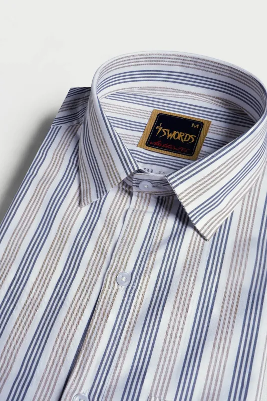 7swords-Bright White with Vanilla Brown and Fiord Blue Striped Premium Cotton Shirt sold by French Crown