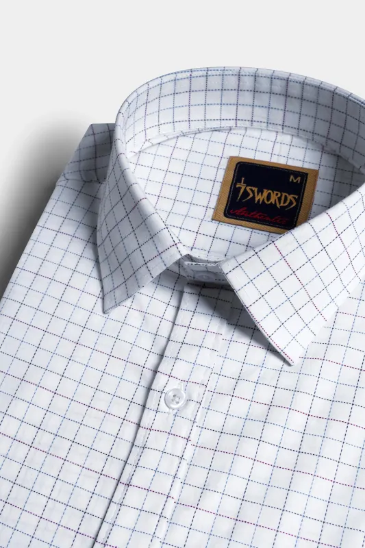 7swords-Bright White with Camelot Maroon and Mantique Blue Checkered Premium Cotton Shirt sold by French Crown