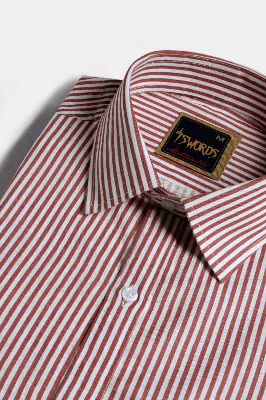 7swords-Blush Brown and Bright White Striped Premium Cotton Shirt sold by French Crown