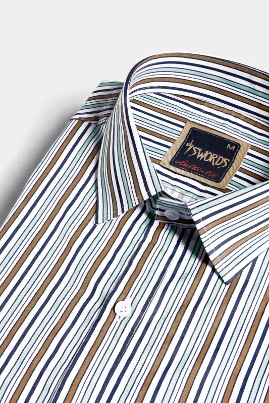 7swords-Bright White and Mocha Brown Multicolour Striped Premium Cotton Shirt sold by French Crown