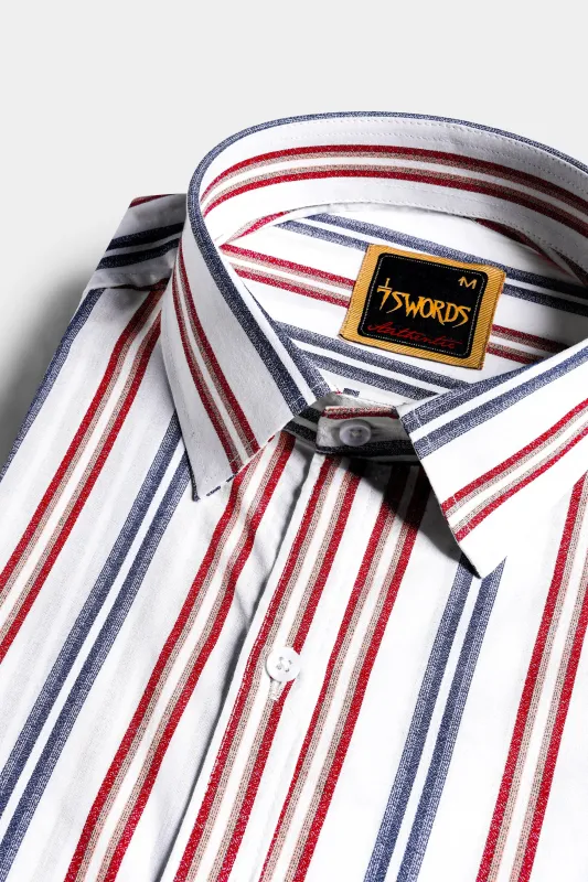 7swords-Bright White and Maple Red Multicolour Striped Premium Cotton Shirt sold by French Crown