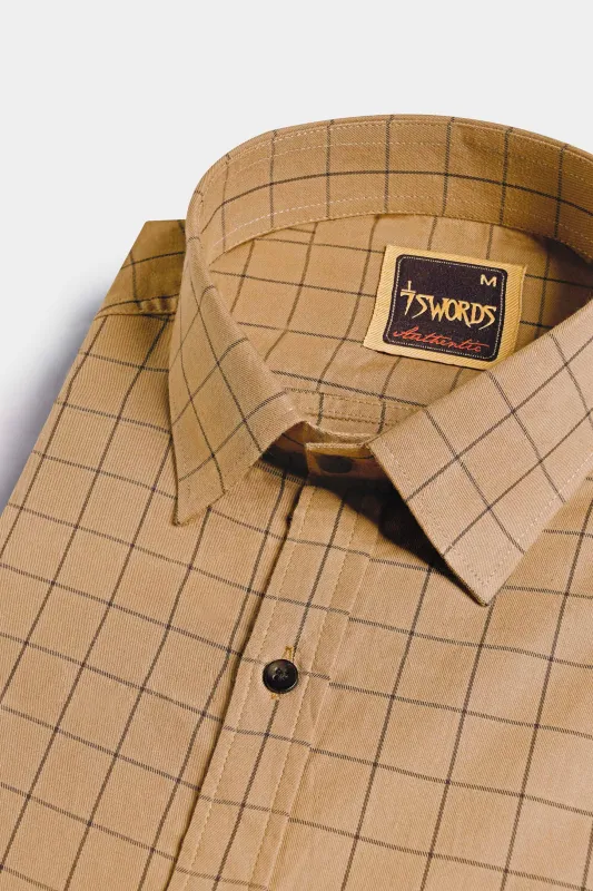 7swords-Tan Brown and Jade Black Windowpane Premium Cotton Shirt sold by French Crown