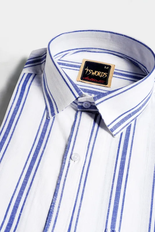 7swords-Bright White with Wild Yonde Blue Striped Premium Cotton Shirt sold by French Crown