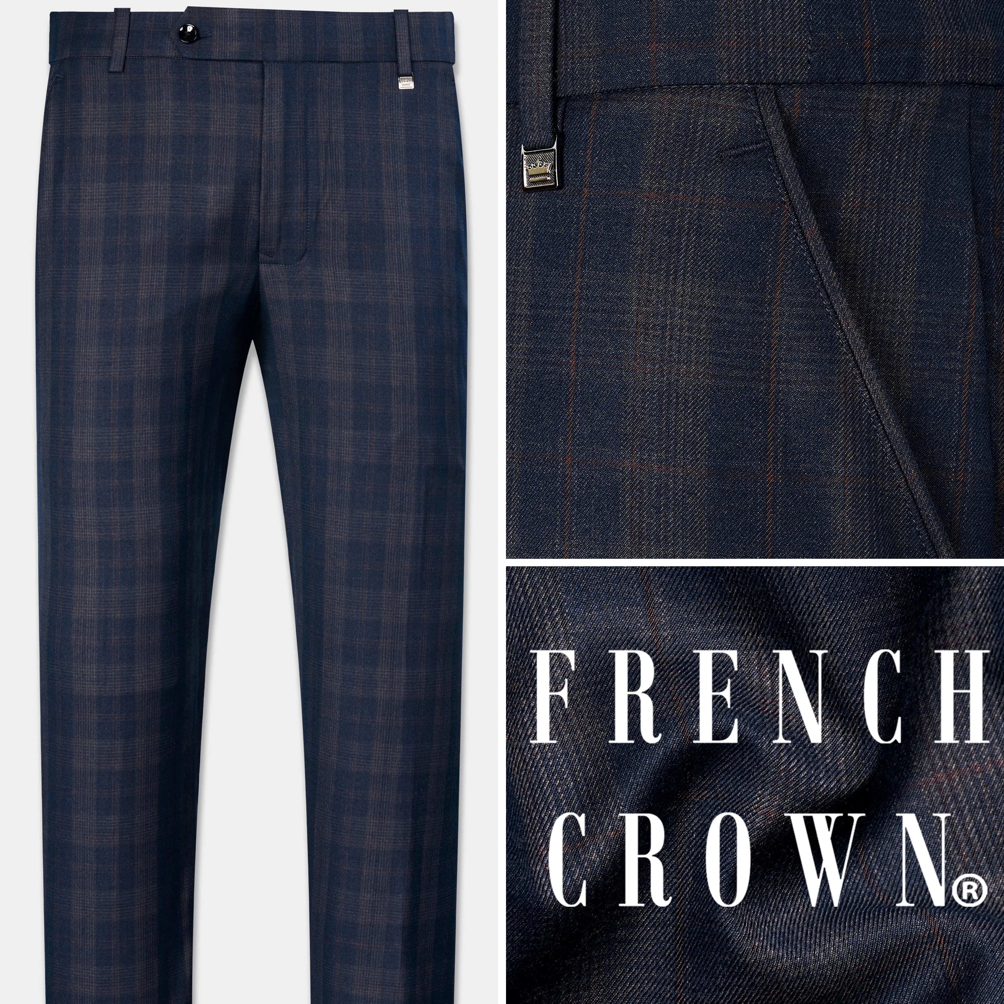 Admiral Blue and Cinereous Brown Plaid Wool Rich Pant sold by French Crown