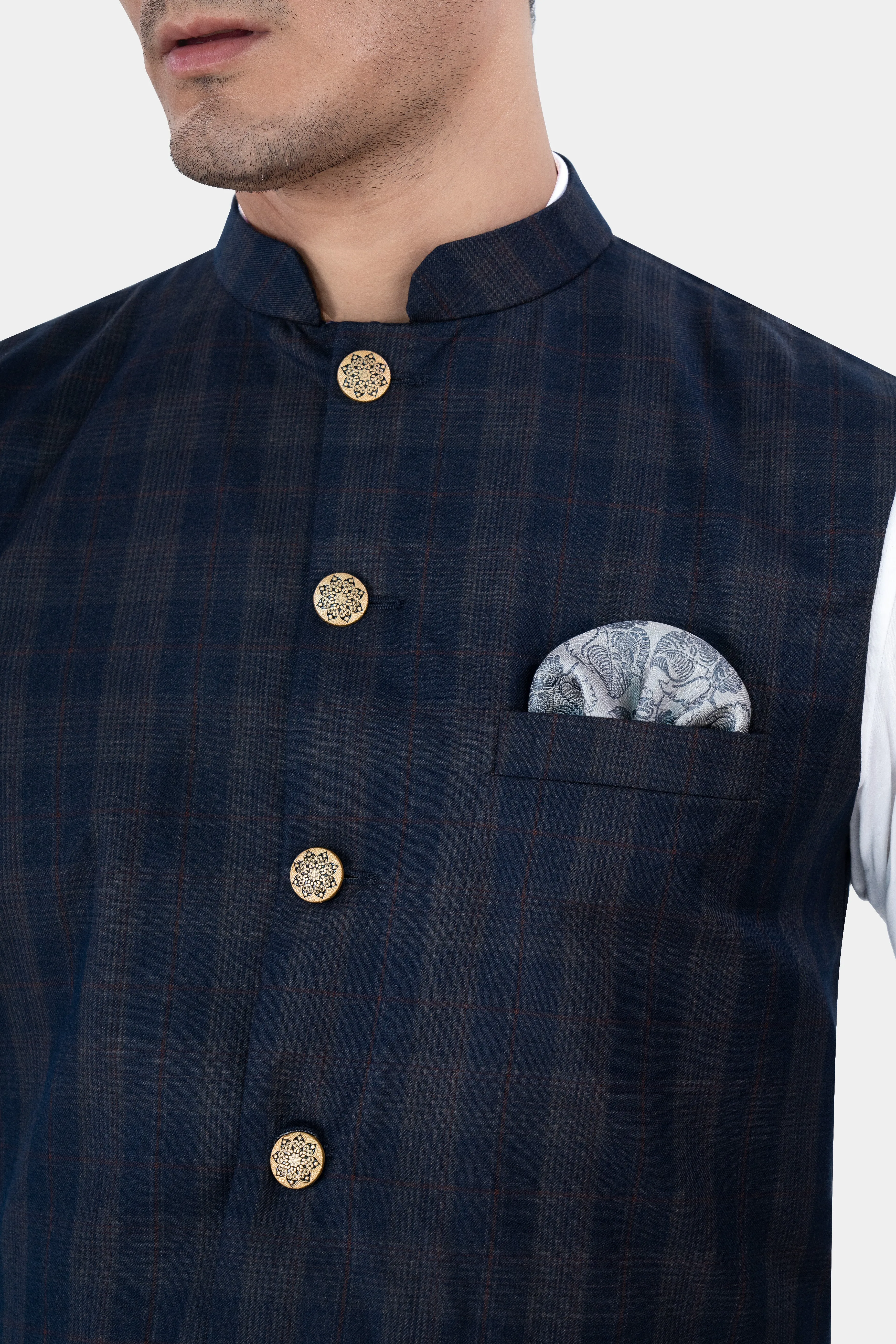 Admiral Blue and Cinereous Brown Plaid Wool Rich Nehru Jacket sold by French Crown product image thumbnail 4