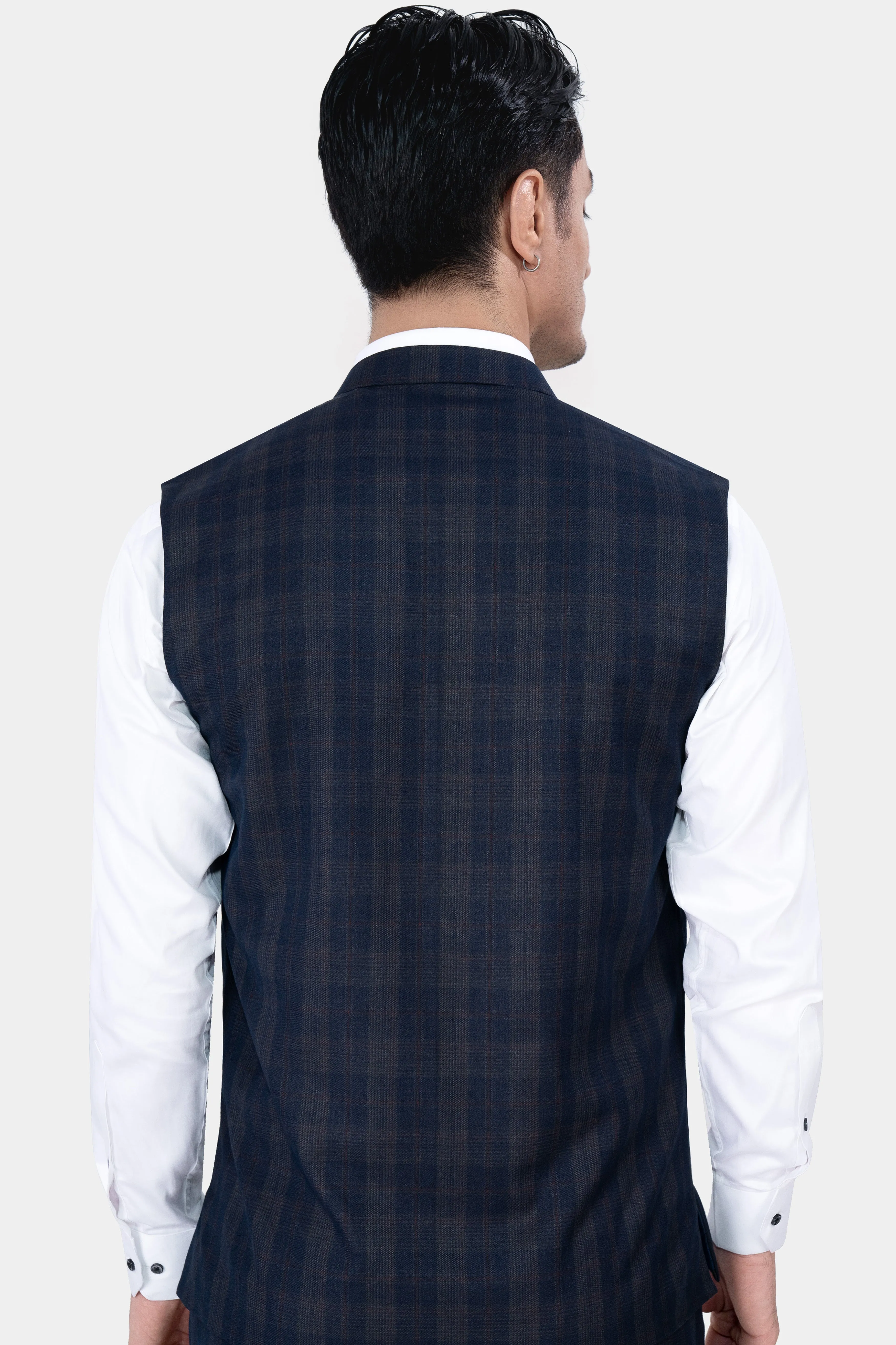 Admiral Blue and Cinereous Brown Plaid Wool Rich Nehru Jacket sold by French Crown product image thumbnail 5