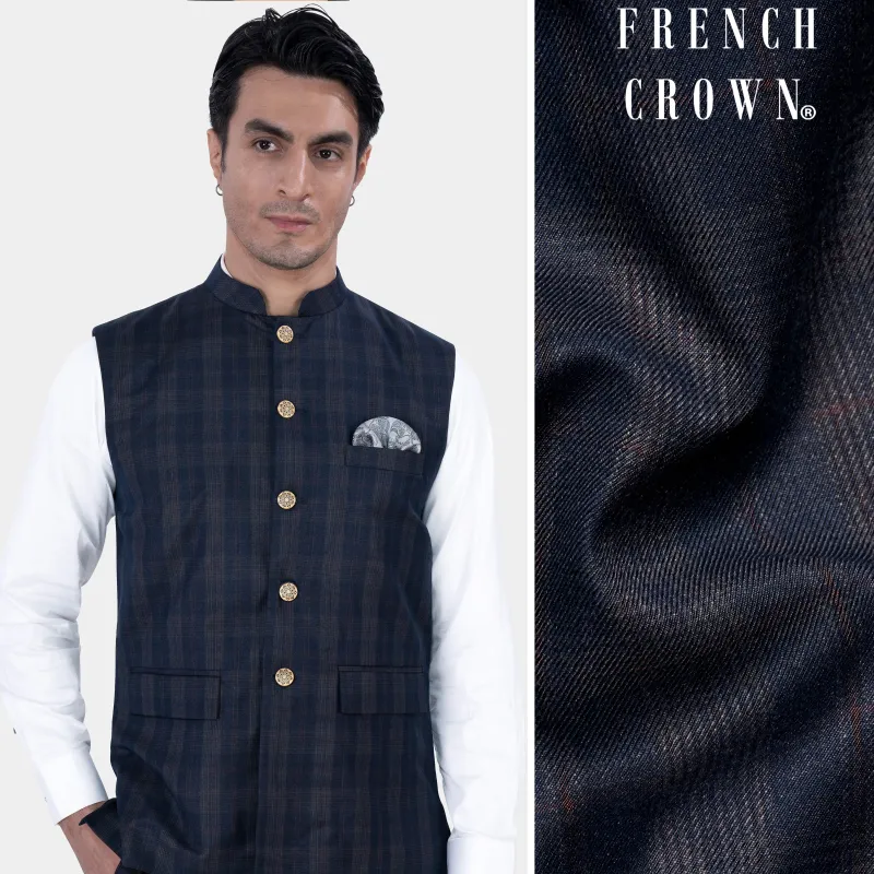 Admiral Blue and Cinereous Brown Plaid Wool Rich  Nehru Jacket sold by French Crown