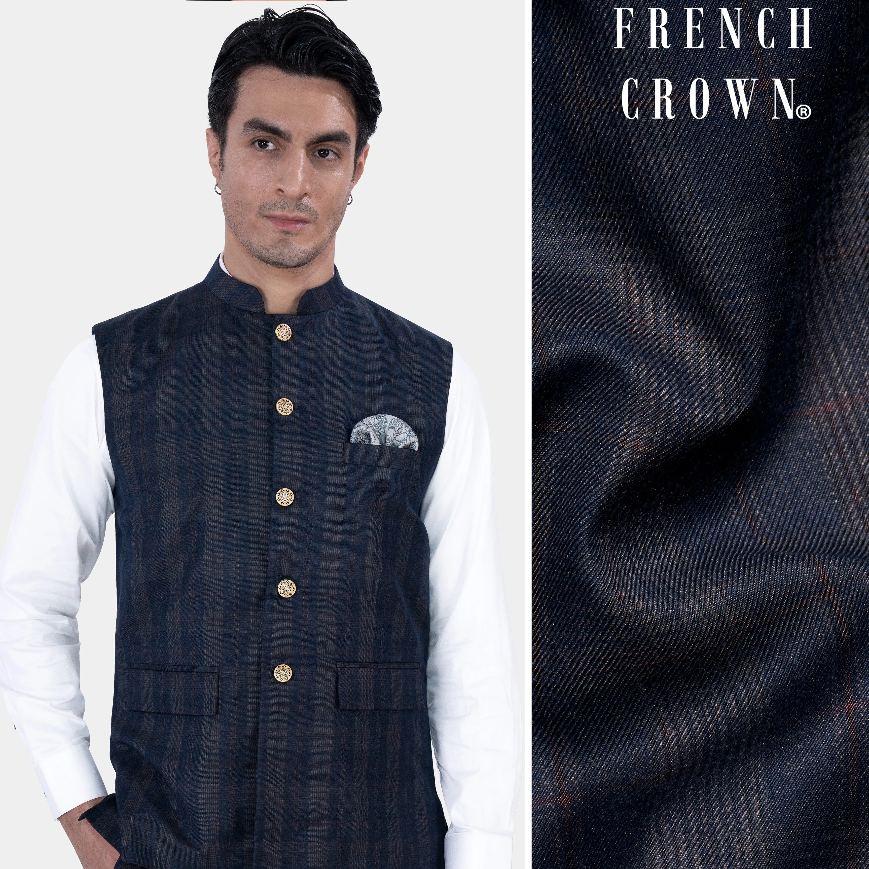 Admiral Blue and Cinereous Brown Plaid Wool Rich Nehru Jacket sold by French Crown
