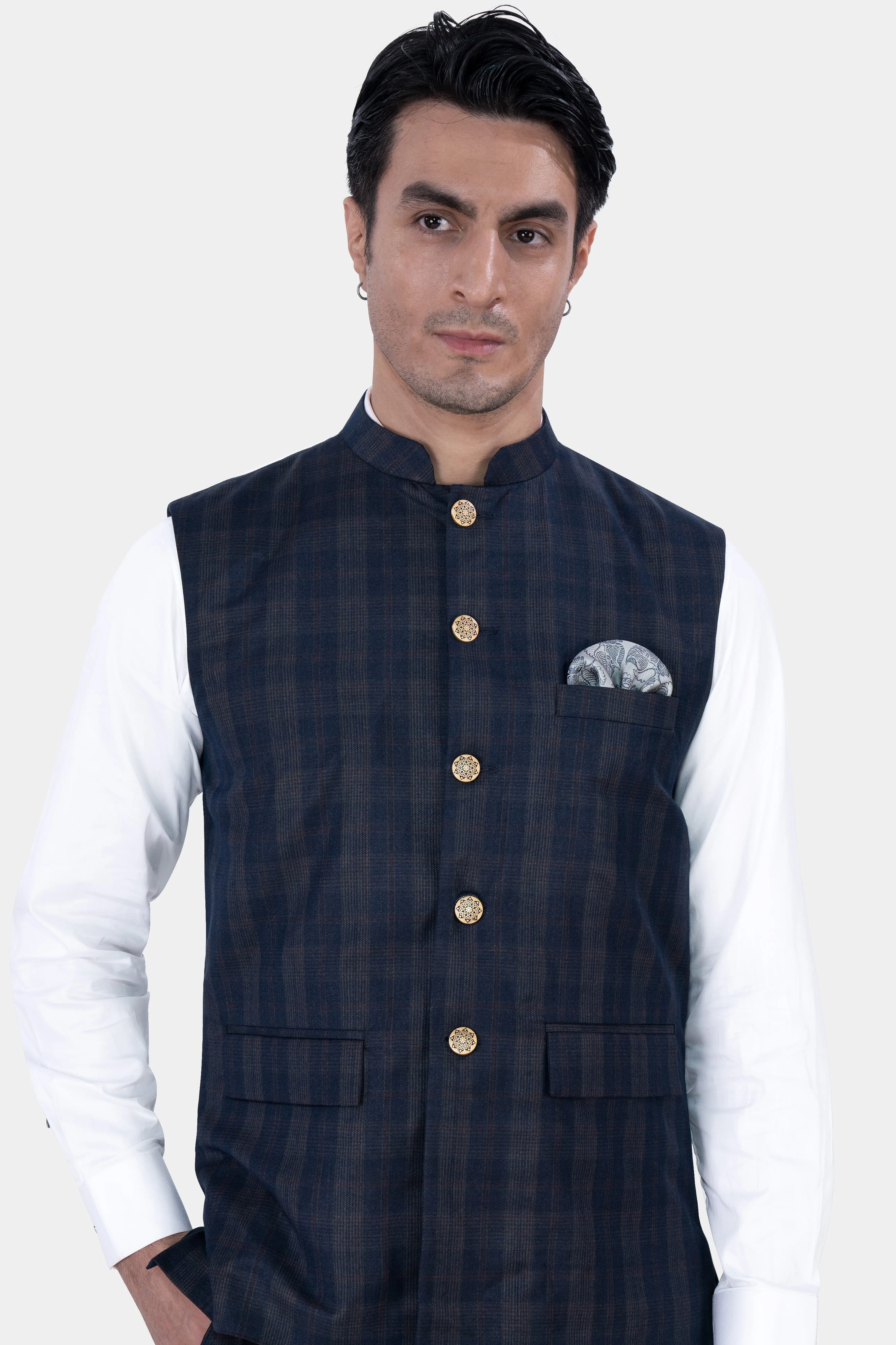 Admiral Blue and Cinereous Brown Plaid Wool Rich Nehru Jacket sold by French Crown product image thumbnail 2
