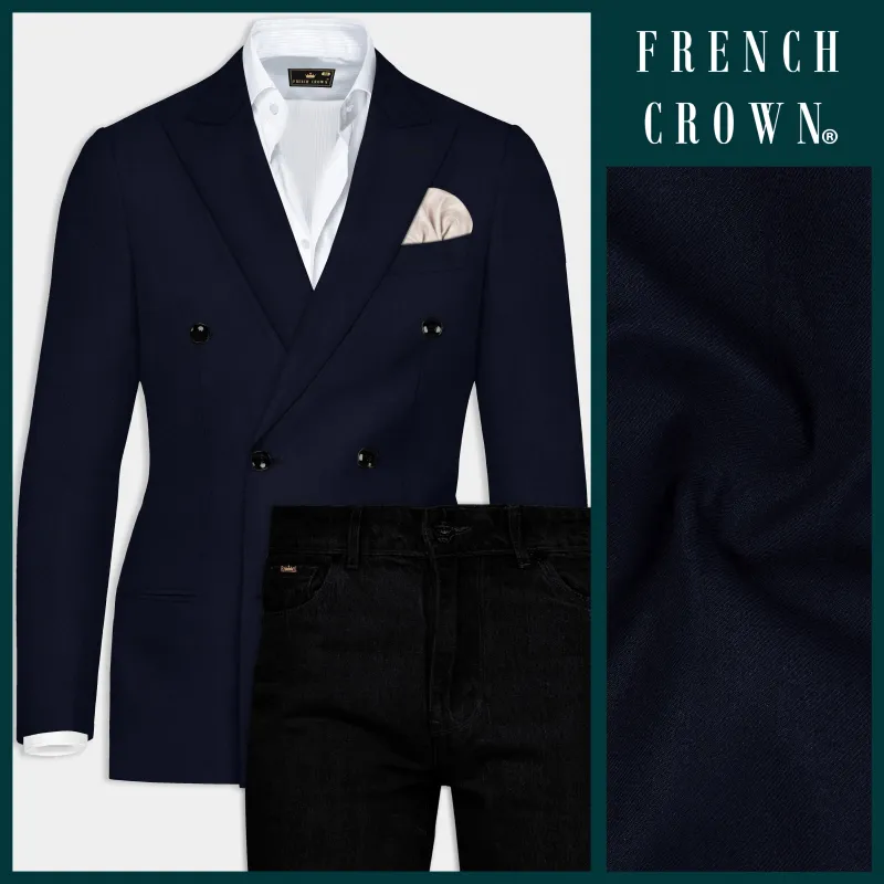 Tealish Blue Solid Wool Rich Double Breasted Blazer With Jade Black Jeans sold by French Crown