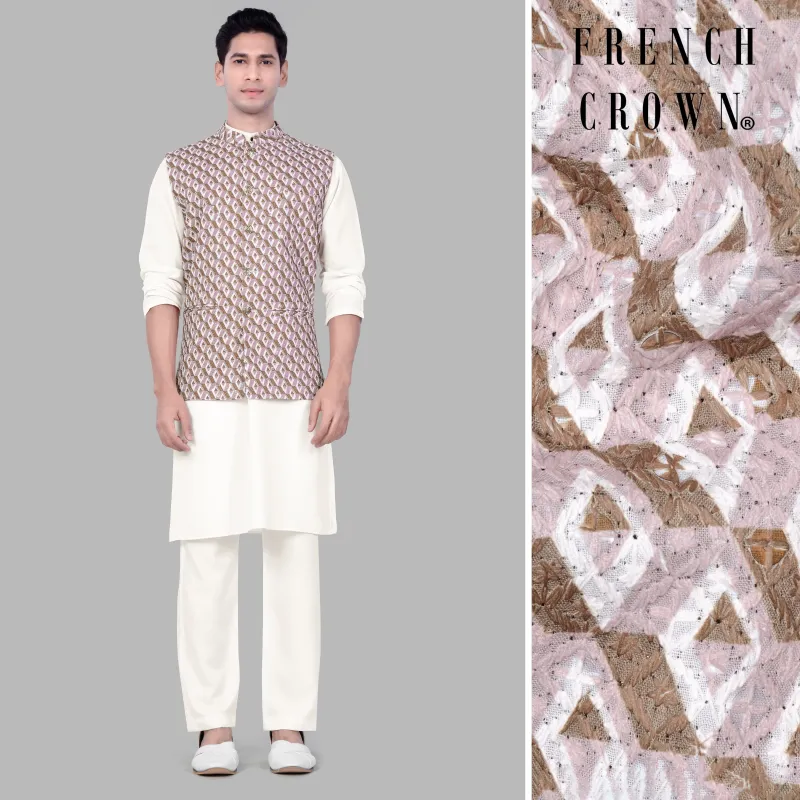 Albescent Cream With Clam Shell Pink And Roman Coffee Brown 3D Box Quilt Embroidered Nehru Jacket sold by French Crown