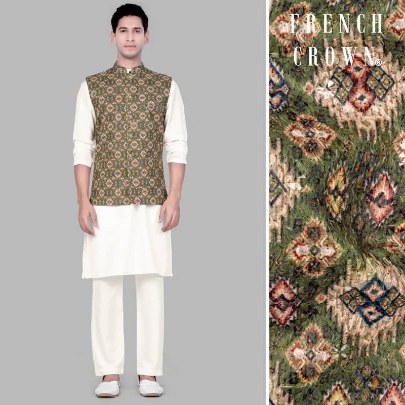 Albescent Cream With Finch Green And Coffee Brown MultiColour Designer Embroidered Nehru Jacket sold by French Crown