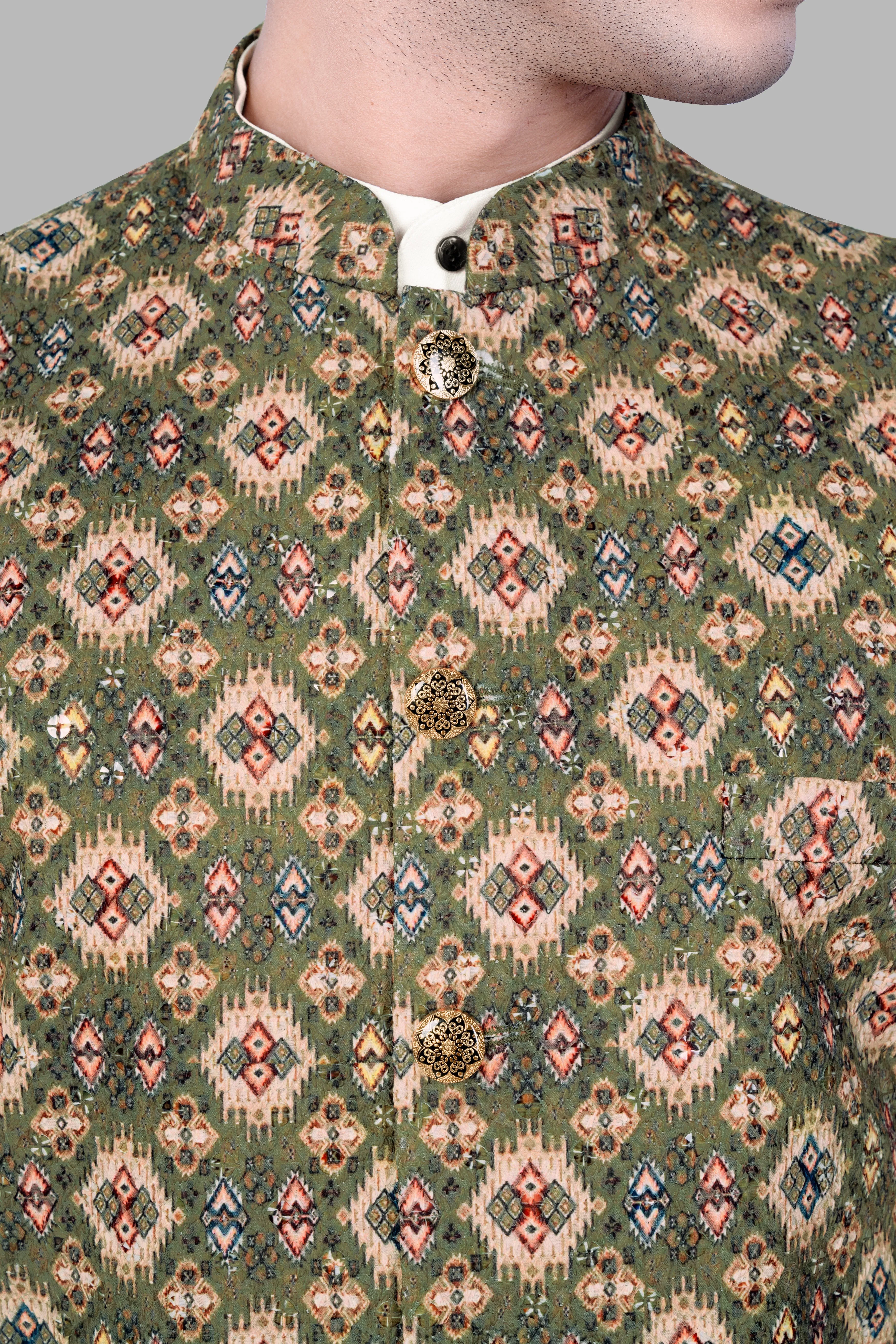 Albescent Cream With Finch Green And Coffee Brown MultiColour Designer Embroidered Nehru Jacket sold by French Crown product image thumbnail 5