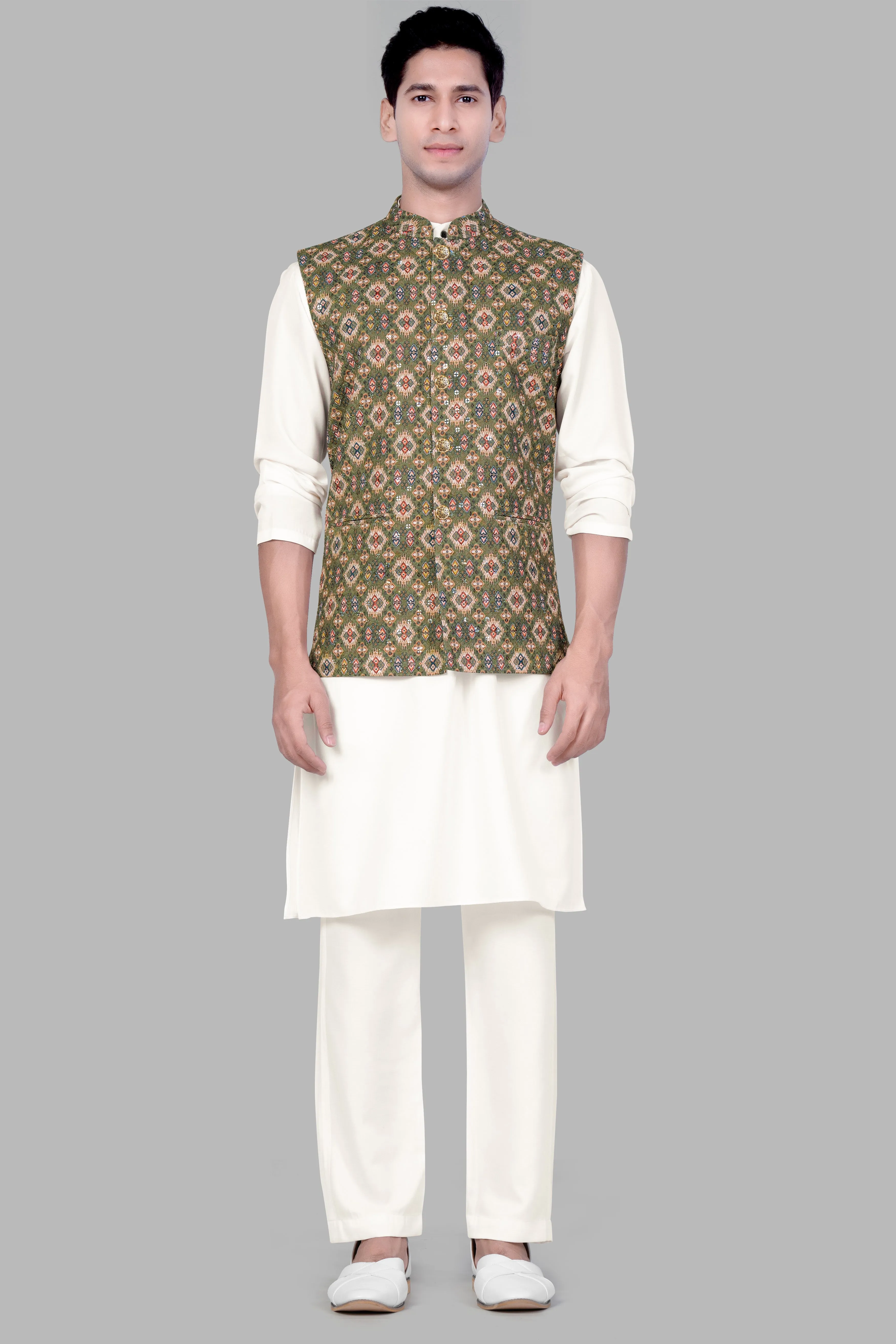 Albescent Cream With Finch Green And Coffee Brown MultiColour Designer Embroidered Nehru Jacket sold by French Crown product image thumbnail 2