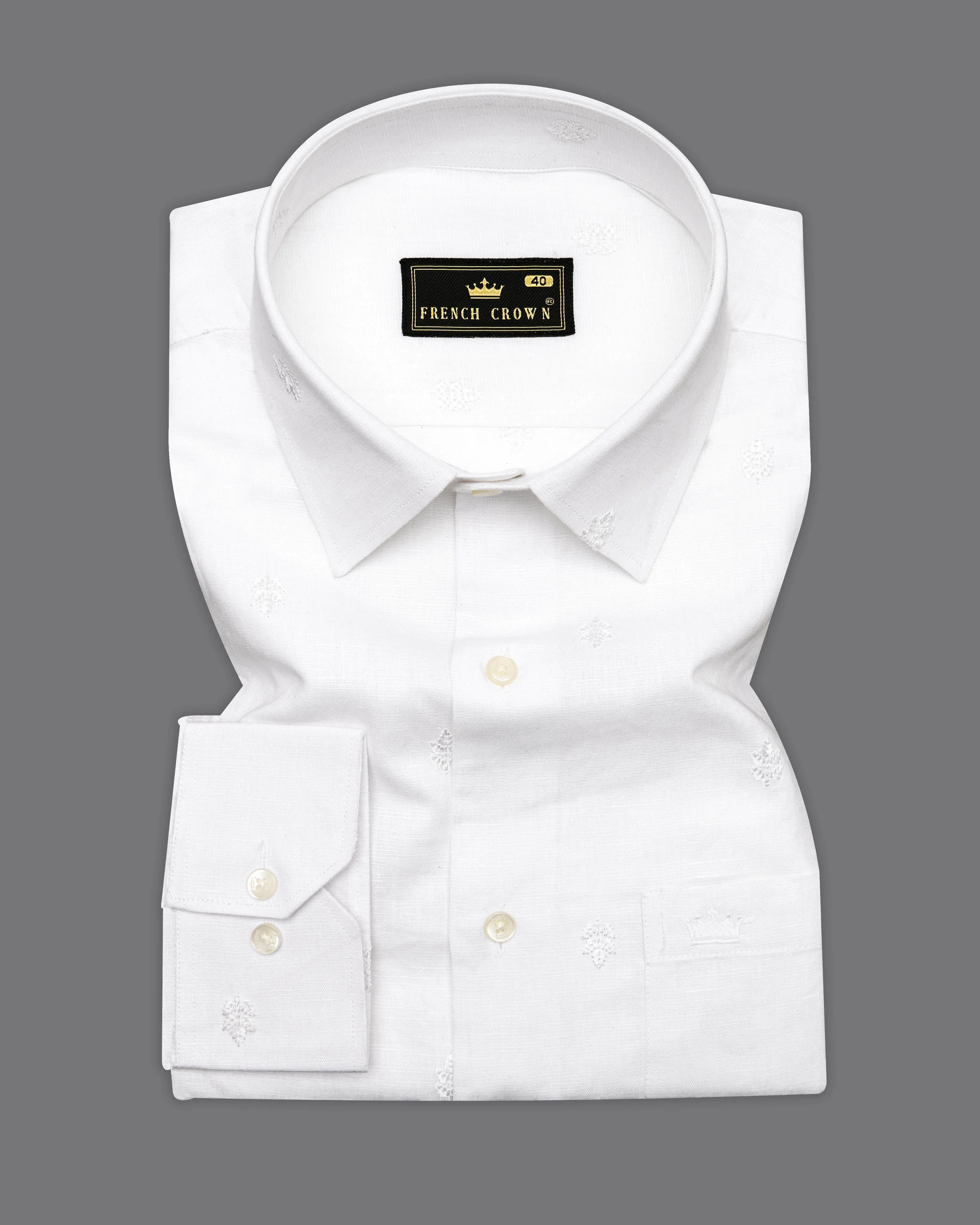 Bright White Embroidered Luxurious Linen Shirt sold by French Crown