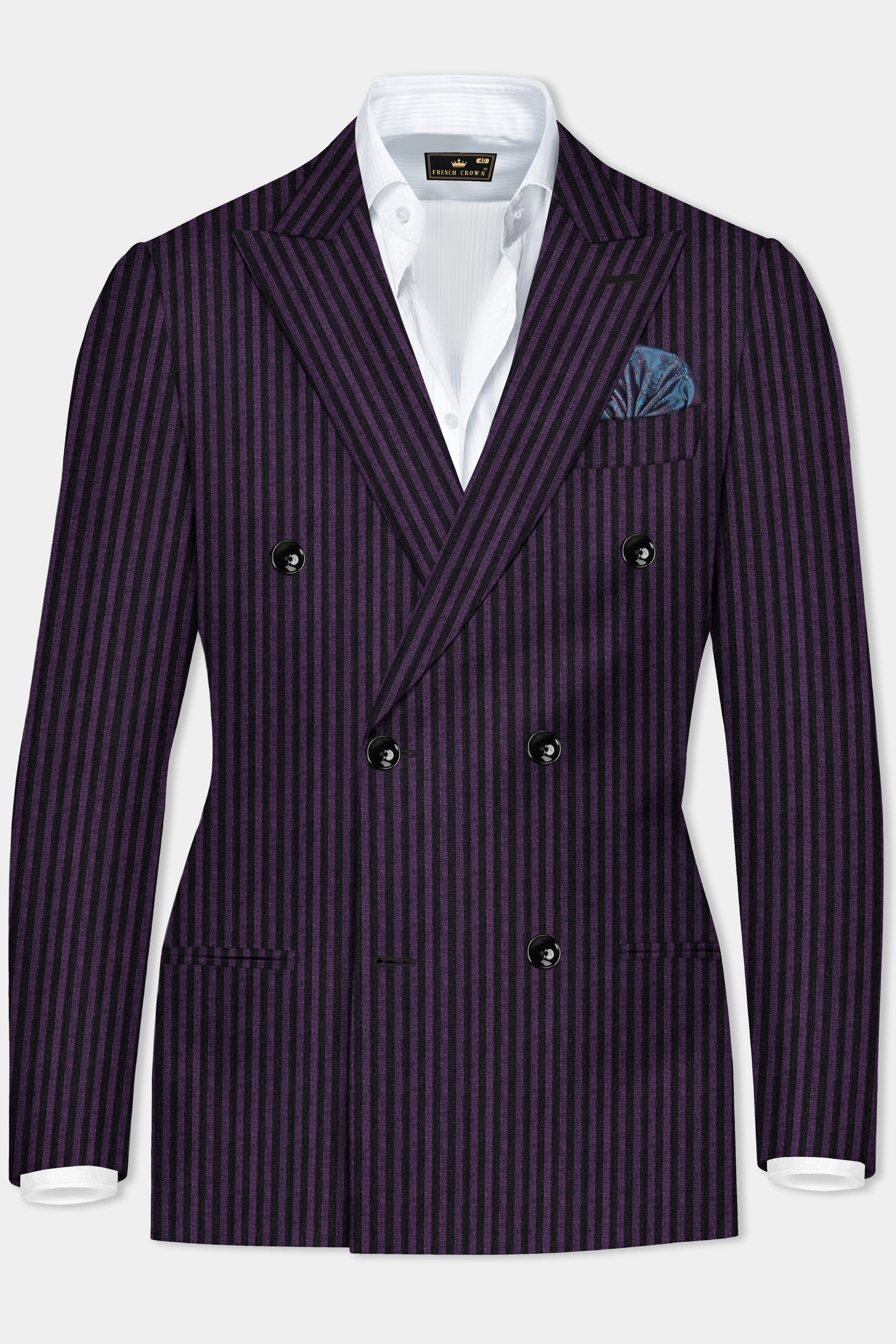 Byzantium Purple And Jade Black Striped Wool Rich Double Breasted Blazer sold by French Crown product image thumbnail 2