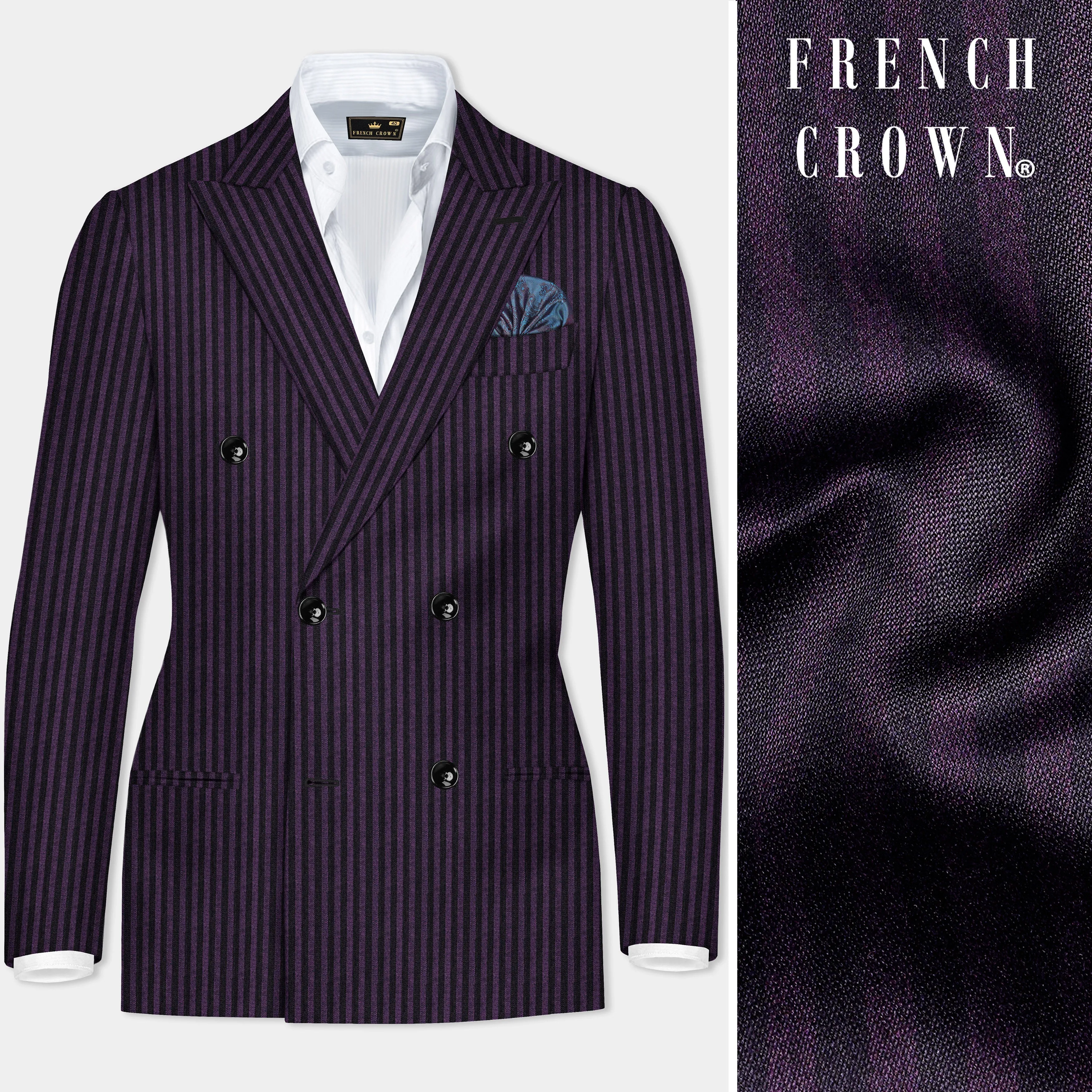 Byzantium Purple And Jade Black Striped Wool Rich Double Breasted Blazer sold by French Crown