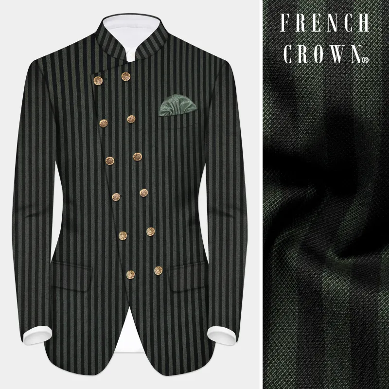 Racing Green And Jade Black Striped Wool Rich Cross Placket Bandhgala Blazer sold by French Crown