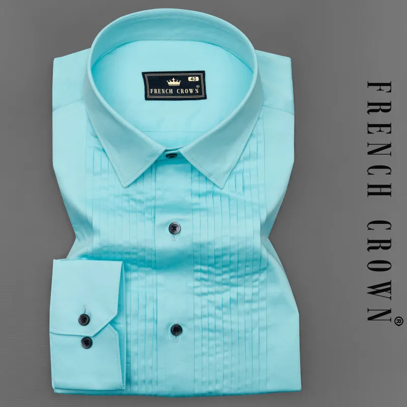 Blizzard Blue Subtle Sheen Snake Pleated Super Soft Premium Cotton Tuxedo Shirt sold by French Crown