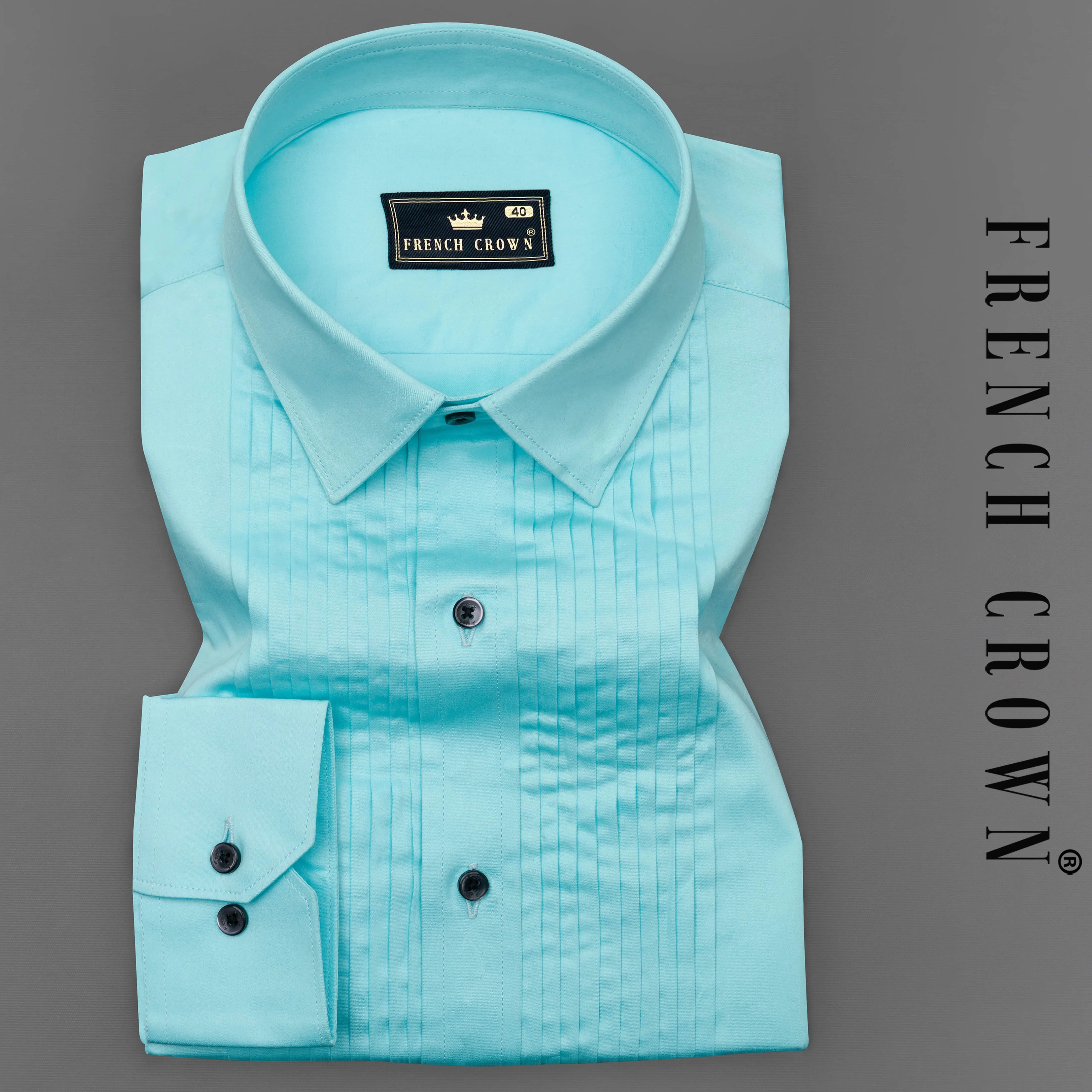 Blizzard Blue Subtle Sheen Snake Pleated Super Soft Premium Cotton Tuxedo Shirt sold by French Crown