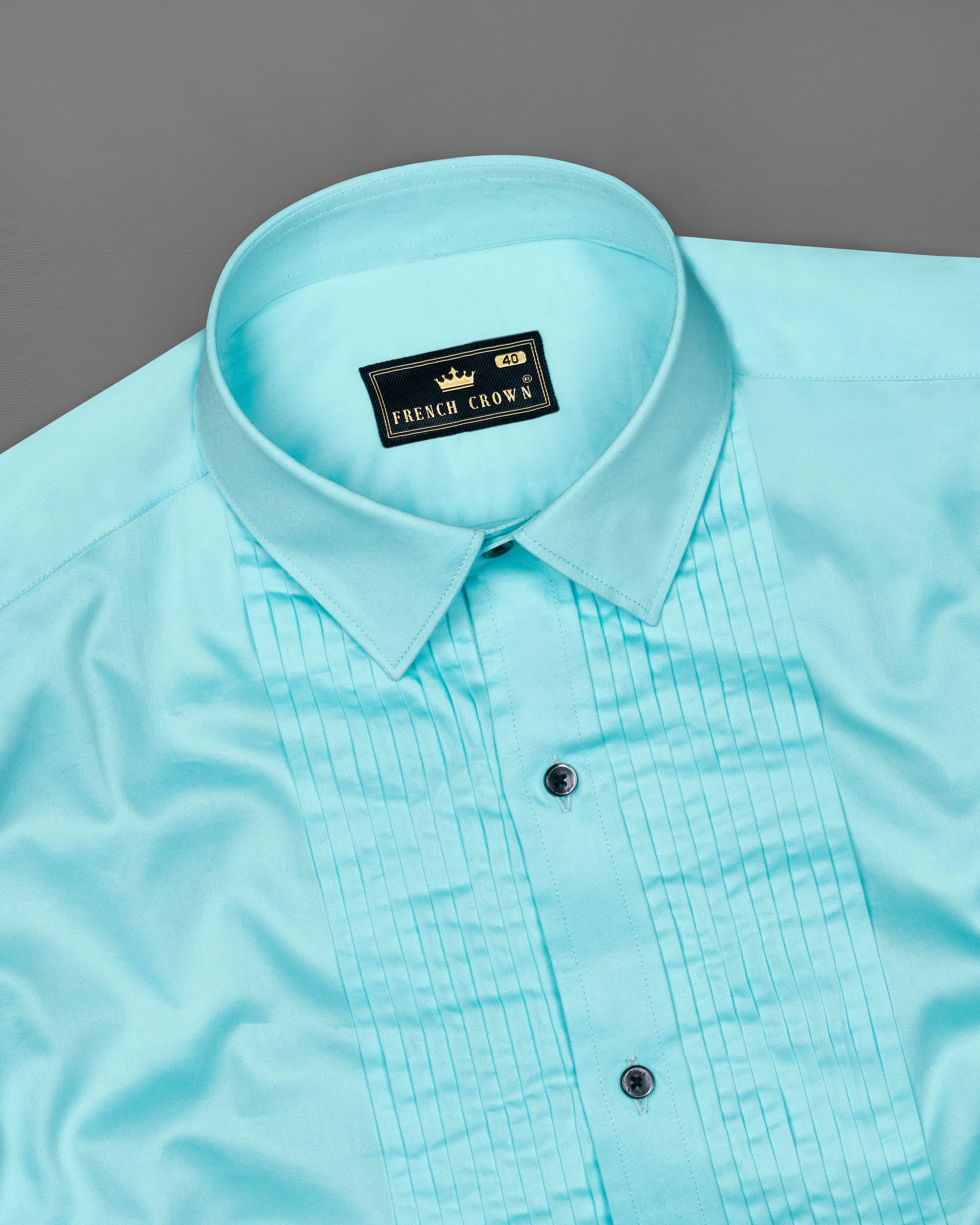 Blizzard Blue Subtle Sheen Snake Pleated Super Soft Premium Cotton Tuxedo Shirt sold by French Crown product image thumbnail 5