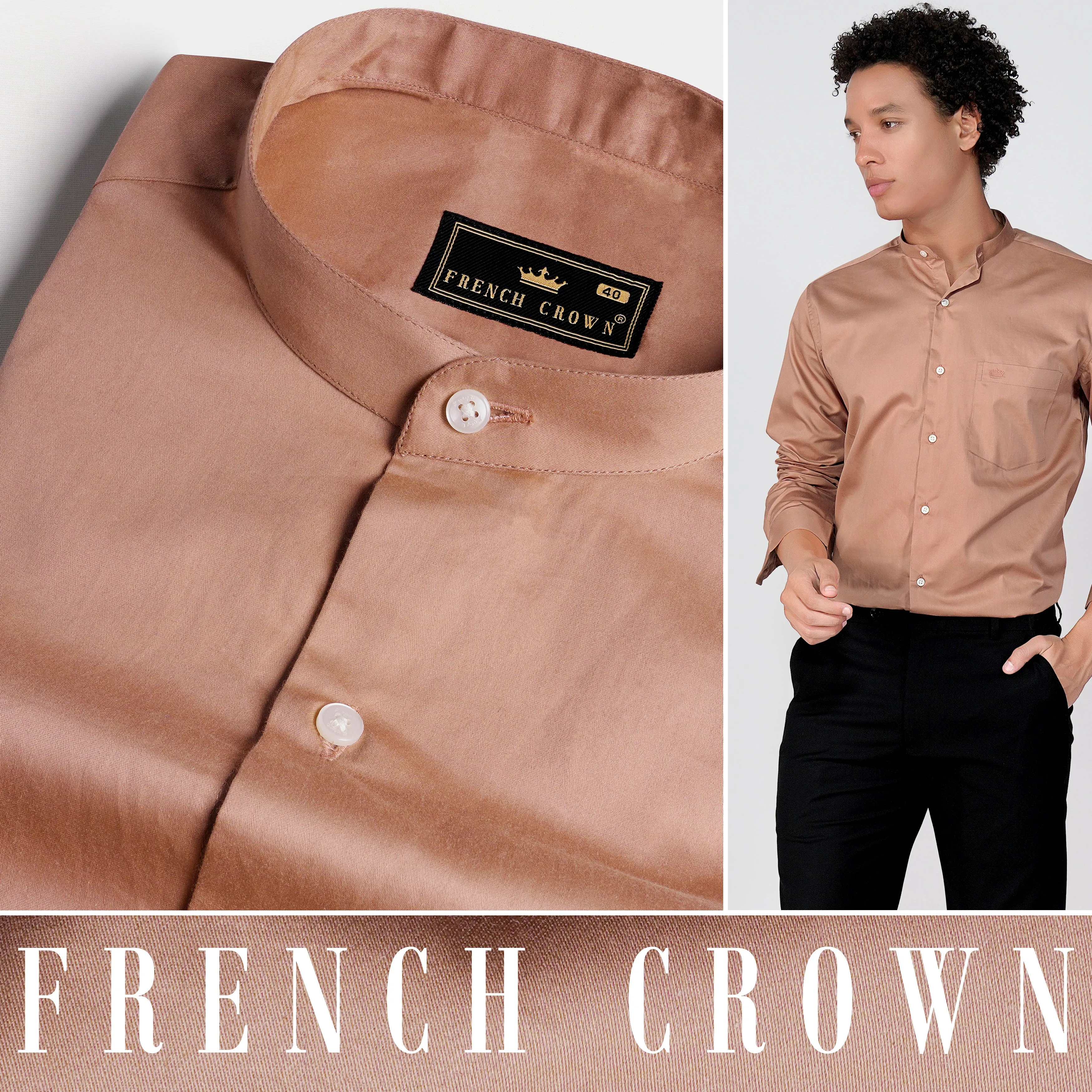 Sandrift Peach Subtle Sheen Super Soft Premium Cotton Mandarin Shirt sold by French Crown product image thumbnail 4
