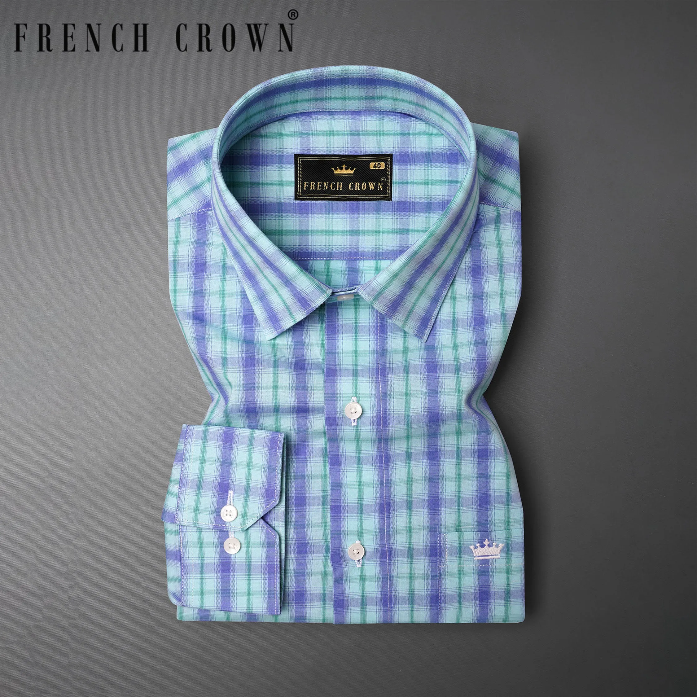 Pale Aqua with Chetwode Blue Plaid Premium Cotton Shirt sold by French Crown product image thumbnail 3