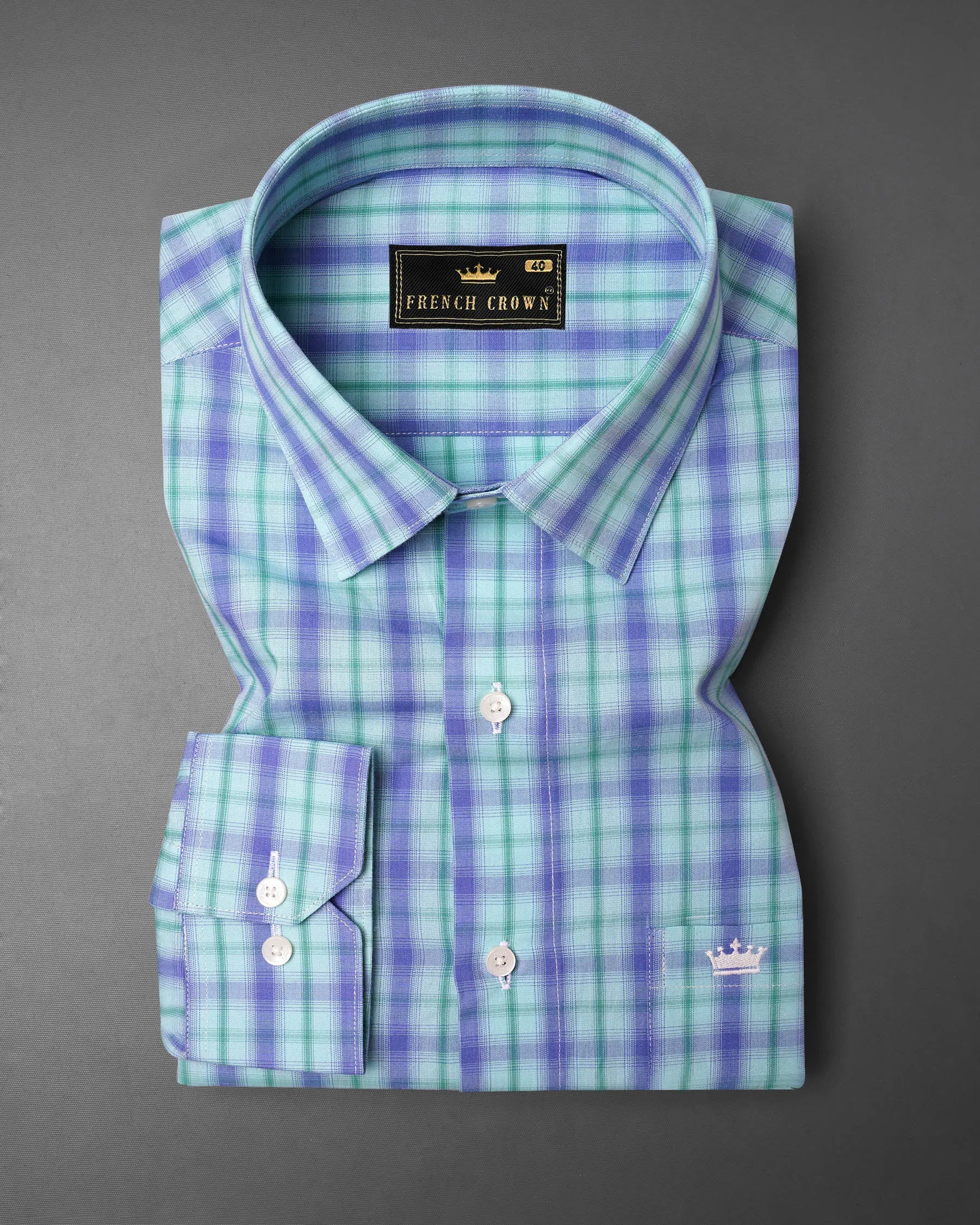 Pale Aqua with Chetwode Blue Plaid Premium Cotton Shirt sold by French Crown product image thumbnail 4