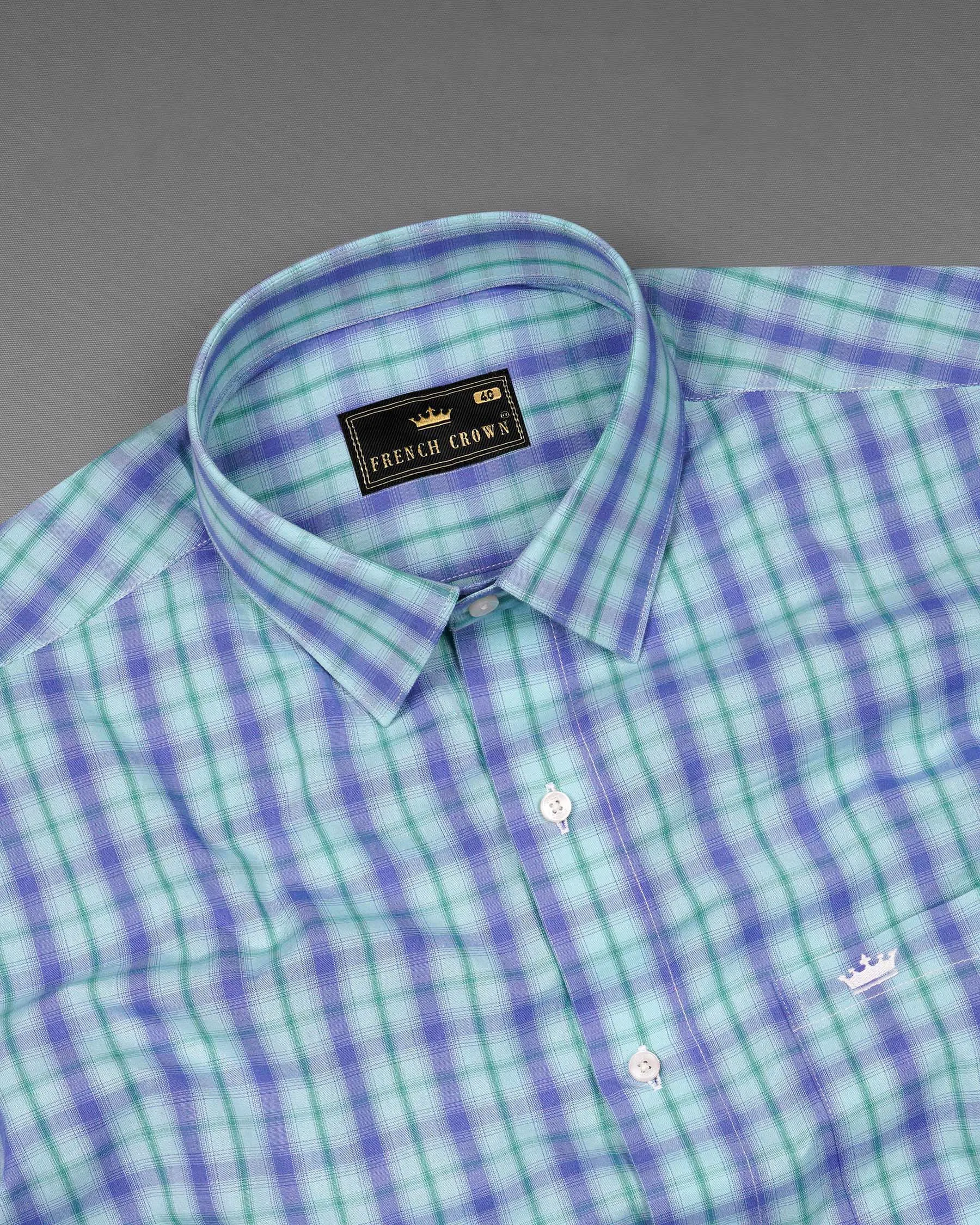 Pale Aqua with Chetwode Blue Plaid Premium Cotton Shirt sold by French Crown product image thumbnail 5