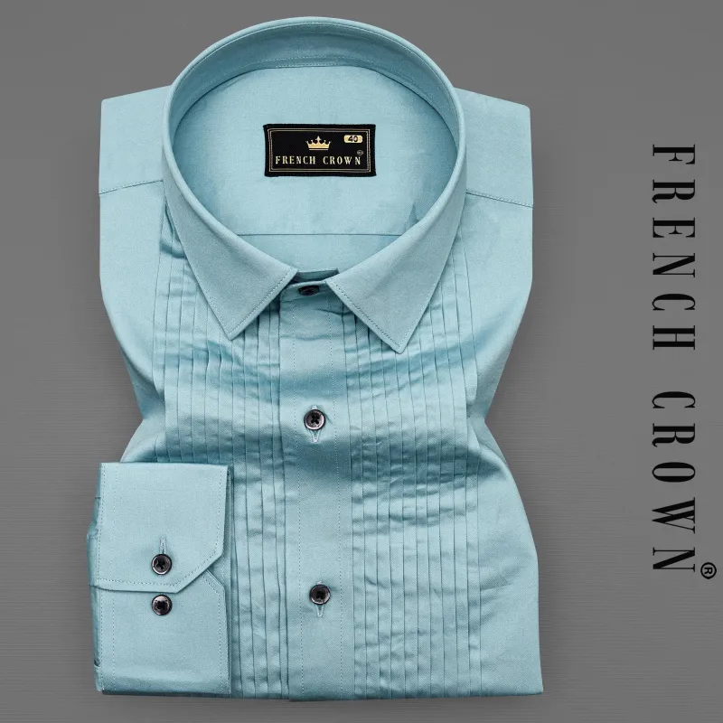 Glacier Blue Subtle Sheen Snake Pleated Super Soft Premium Cotton Tuxedo Shirt sold by French Crown