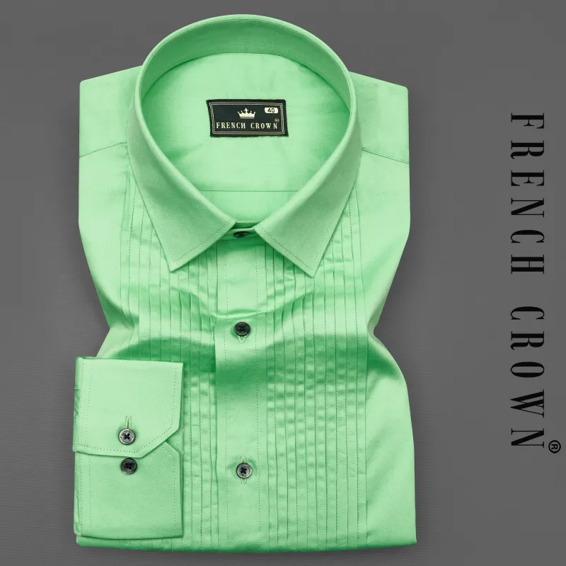Celadon Green Subtle Sheen Snake Pleated Super Soft Premium Cotton Tuxedo Shirt sold by French Crown