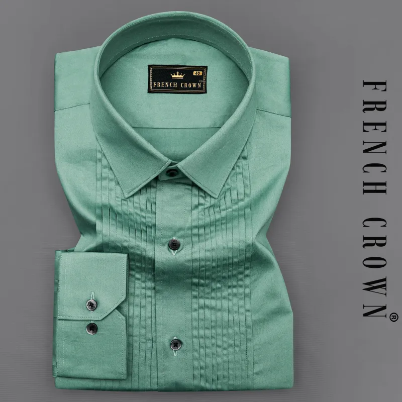 Patina Green Subtle Sheen Snake Pleated Super Soft Premium Cotton Tuxedo Shirt sold by French Crown