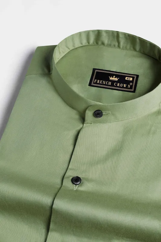 Pale Oyster Green Subtle Sheen Super Soft Premium Cotton Mandarin Shirt sold by French Crown