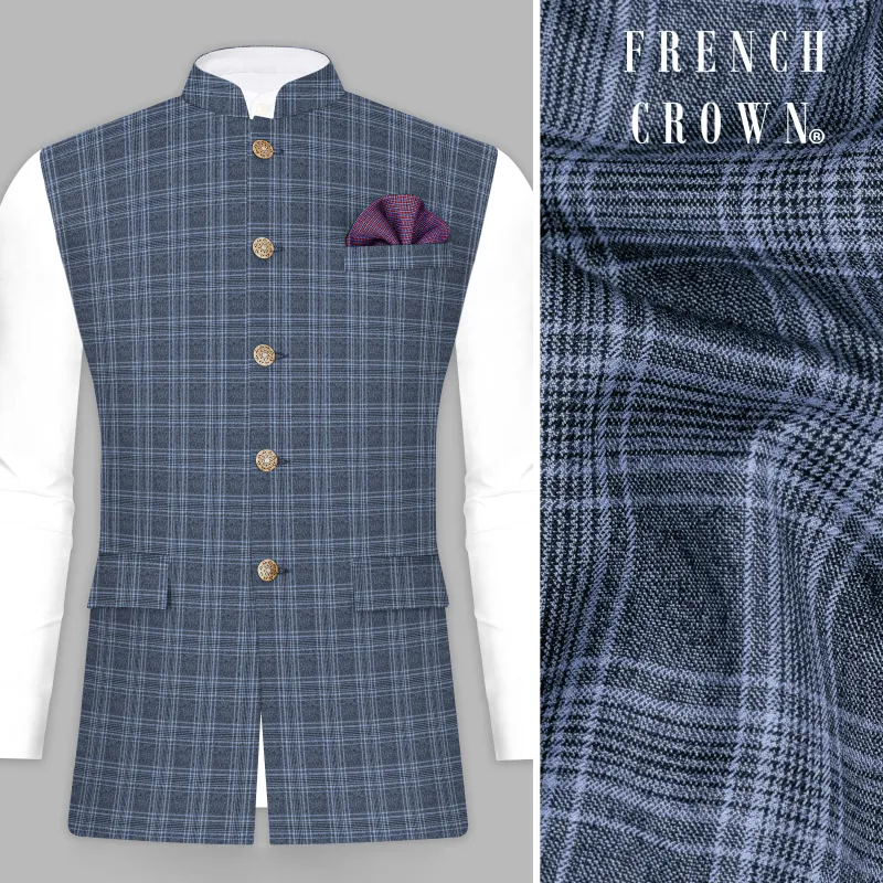 Dolphin And Casper Blue Checkered Wool Rich Nehru jacket sold by French Crown