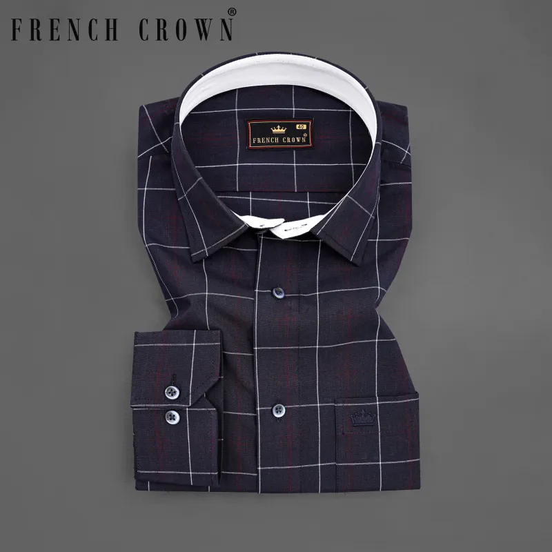 Midnight Blue with Barossa Wine Windowpane Premium Cotton Shirt sold by French Crown