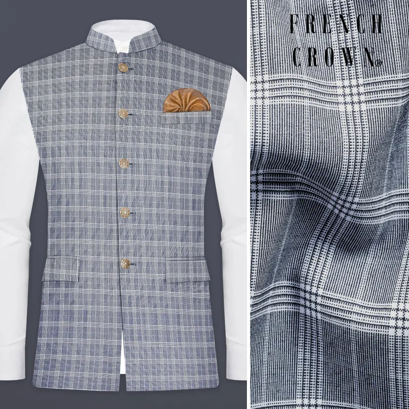 Mountain Mist Blue Plaid Wool Rich Nehru Jacket sold by French Crown