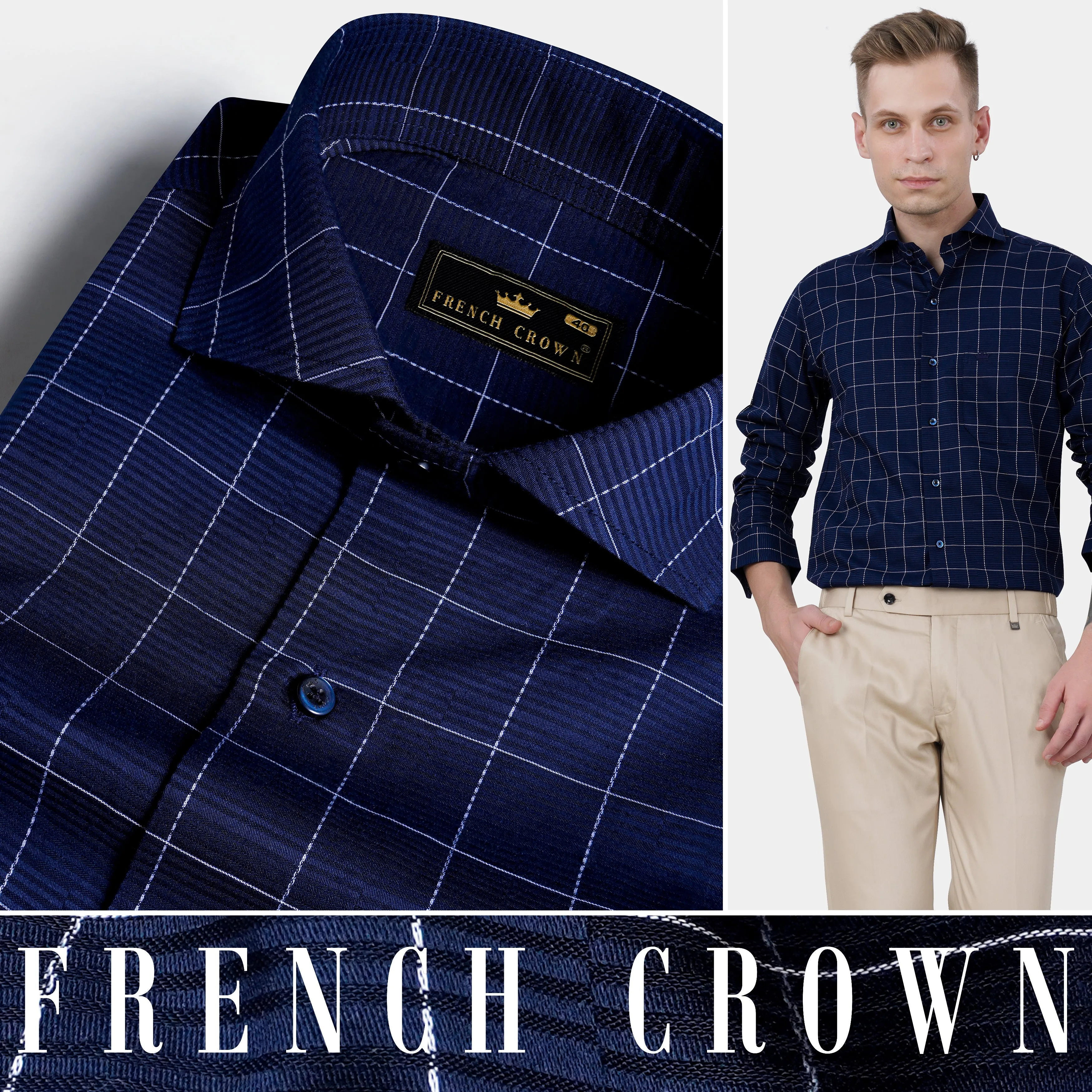 Midnight Blue Windowpane Dobby Textured Premium Giza Cotton Shirt sold by French Crown product image thumbnail 4