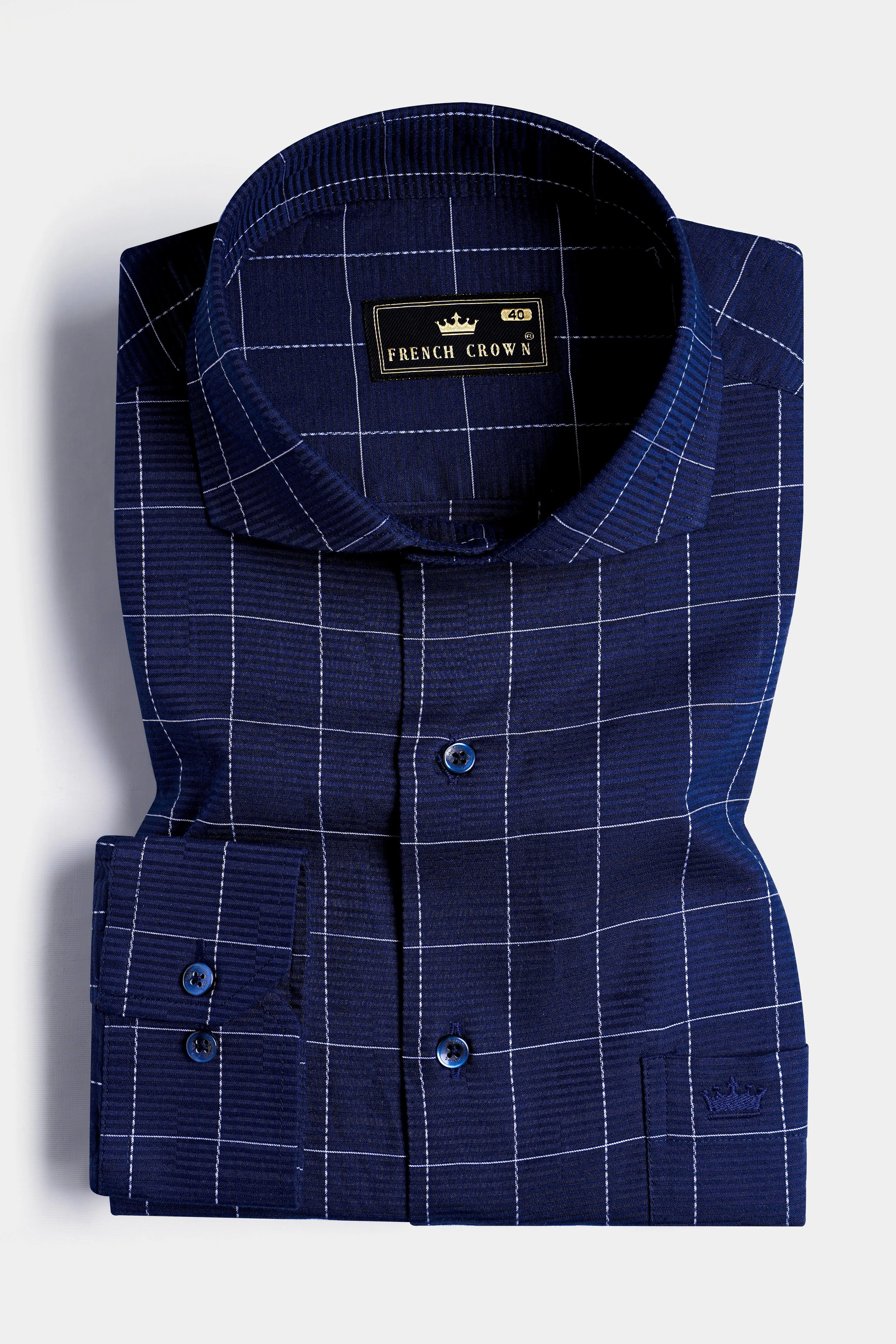Midnight Blue Windowpane Dobby Textured Premium Giza Cotton Shirt sold by French Crown product image thumbnail 3