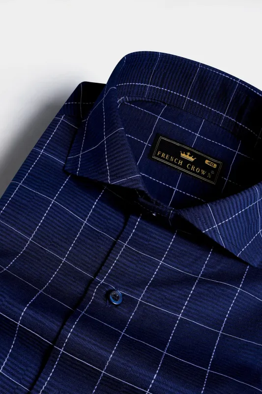 Midnight Blue Windowpane Dobby Textured Premium Giza Cotton Shirt sold by French Crown