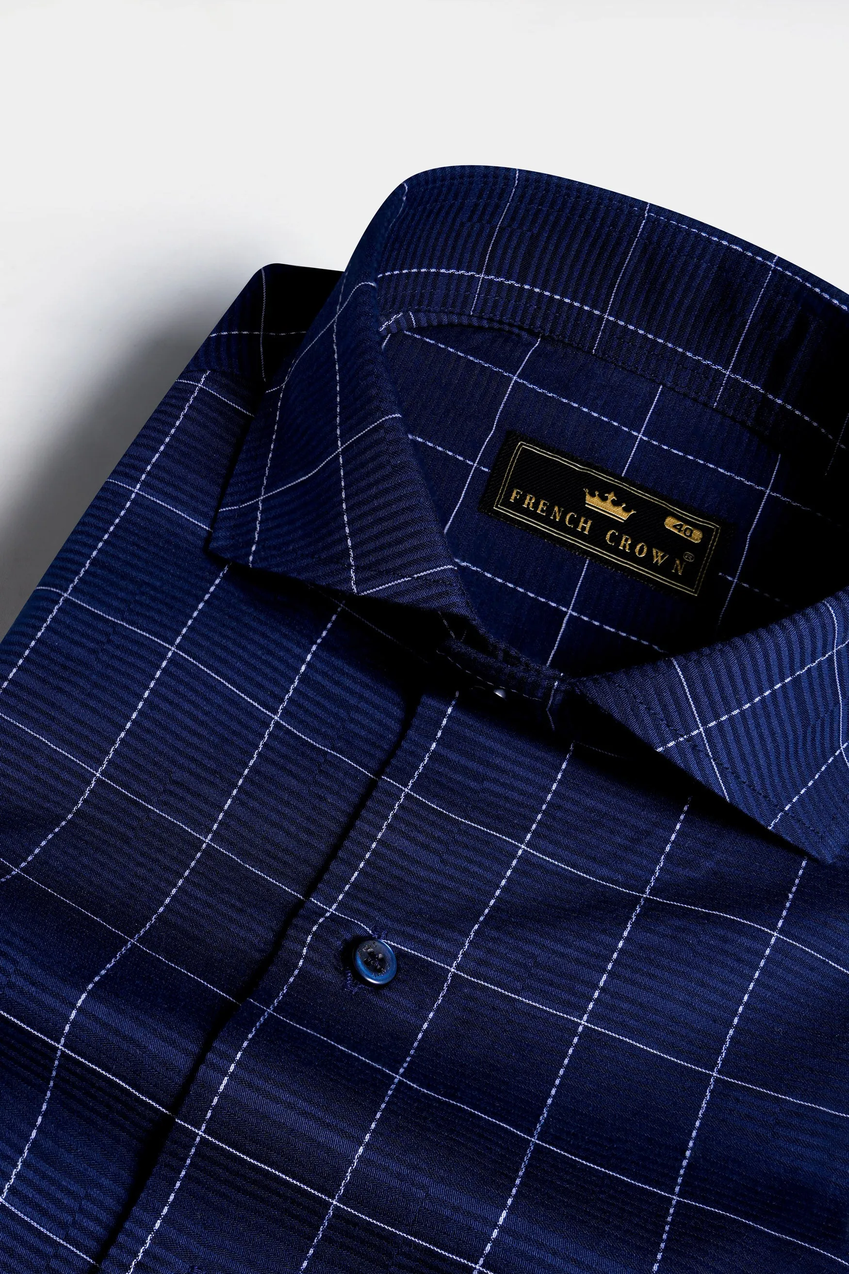 Midnight Blue Windowpane Dobby Textured Premium Giza Cotton Shirt sold by French Crown
