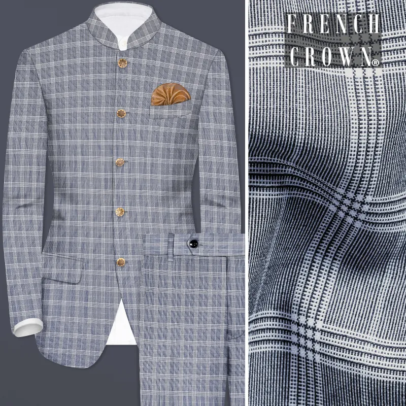 Mountain Mist Blue Plaid Wool Rich Bandhgala Suit sold by French Crown
