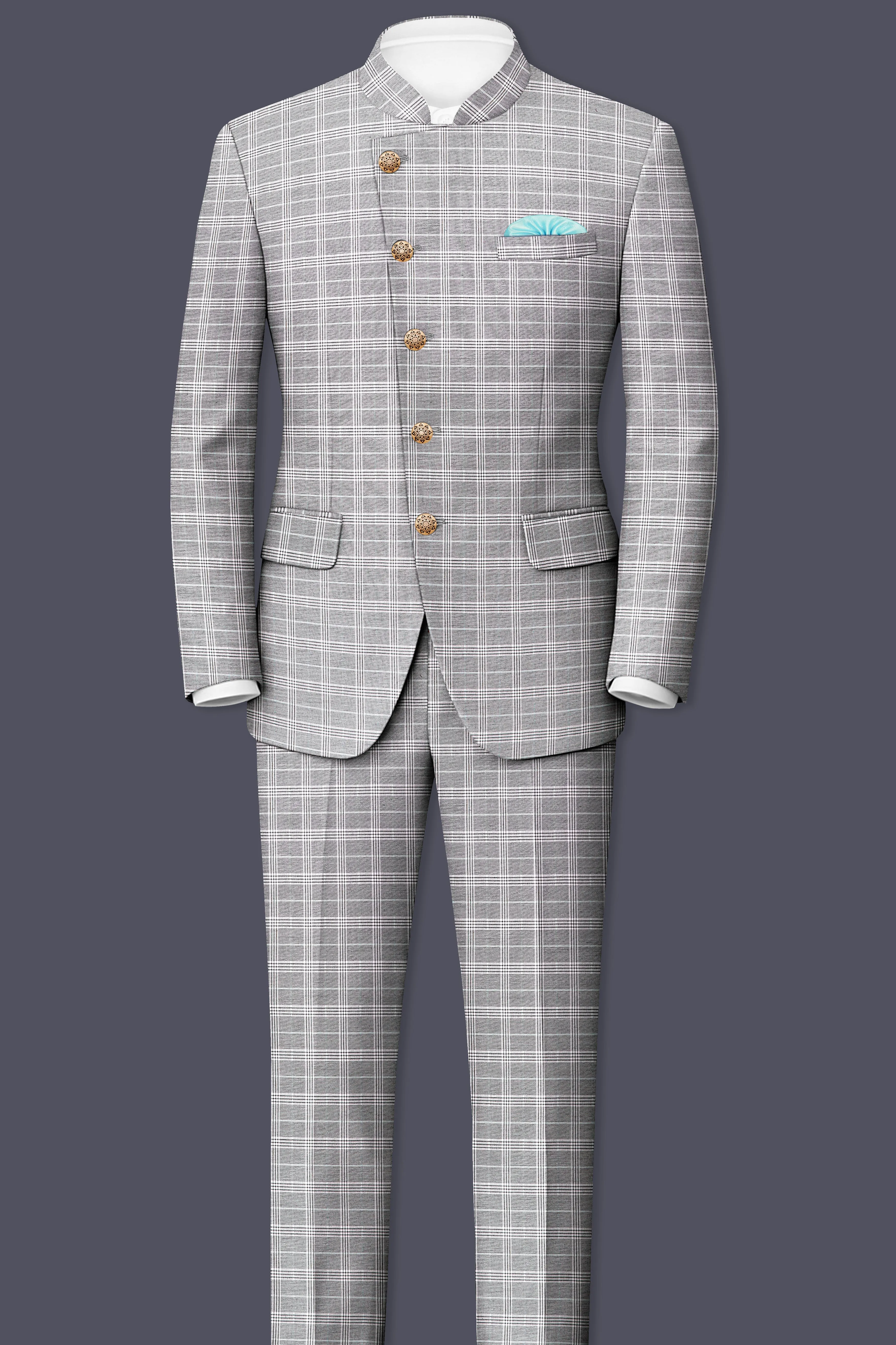 Venus Gray Plaid Wool Rich Cross Placket Bandhgala Suit sold by French Crown product image thumbnail 4