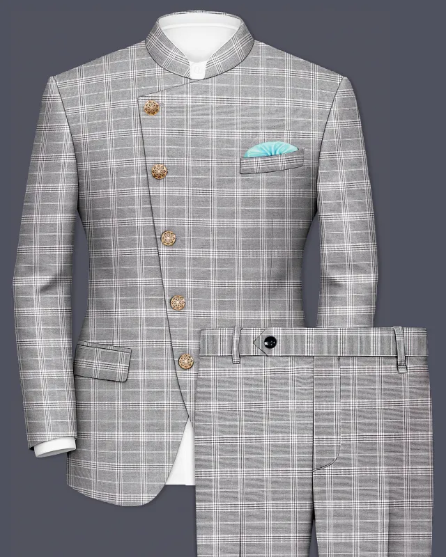 Venus Gray Plaid Wool Rich Cross Placket Bandhgala Suit sold by French Crown